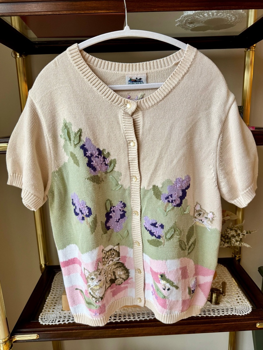Vintage Northern Reflections Cat Floral Ribbon Embroidered Cardigan L